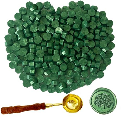BJOYEE 200 Stück Siegelwachs Grün, Siegelwachs Perlen mit 1 Schmelzlöffel, achteckiges Wachssiegel-Set für Stempel, für Einladungen/Umschläge/Karten/Weinpakete/Geschenkverpackungen