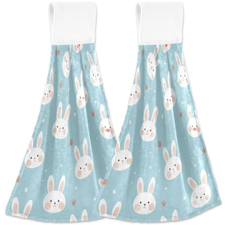 tplaotee Cute Bunnies Blue Bath Hand Towel with Loop 2 Pcs Child washcloths Dish Drying Towels Absorbent