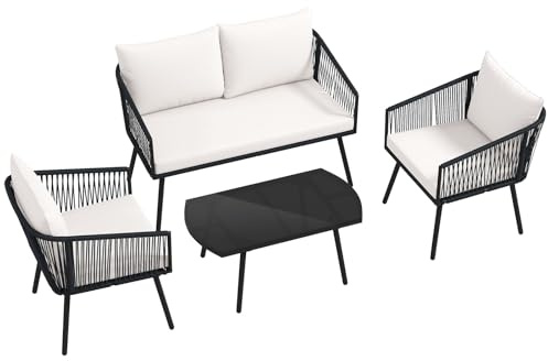 GIANTEX Gartenmöbel Set 4 Personen, Rattan Lounge Möbel Outdoor, Gartenlounge Outdoor Möbelsets, Balkonmöbel Kleiner Balkon, Terassenmöbel Außen mit Kissen, Garten Sitzgruppe mit Tisch, Balkon Set