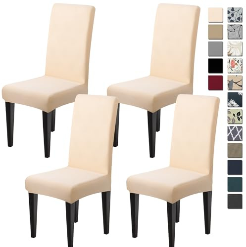 Dioxide Stretch Stuhlbezüge,Hussen für Stühle, Stuhlhussen 4er Set,Beige | Dehnbar, Rutschfest, Pillingbeständig, Atmungsaktiv und Strapazierfähig, Bänder Elastisch, Abnehmbar und Maschinenwaschbar