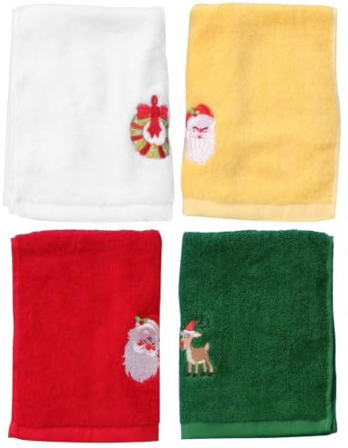 Mikikit 4 Stück Baumwolle Weihnachts Handtücher mit Gesticktem Weihnachtsmotiv Weiche Saugfähige Gästehandtücher Dekorative Waschlappen als Festliche Geschenkidee