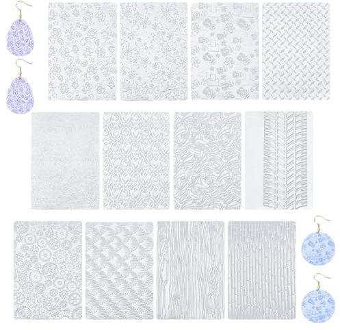 HOBBIESAY 12Stück Knete Texturmatten DIY Polymer Clay Texturfolien Keramik Werkzeuge Zubehör Polymer Knete Texturen Pads Klar für Damen Ohrringe Schmuckherstellung DIY Basteln 18x25cm (7x10 Inch)