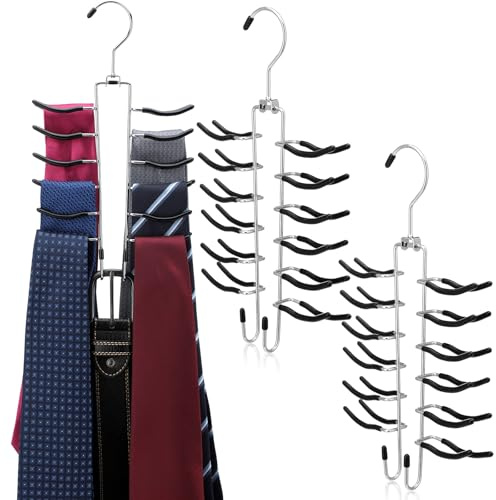 Kathfly 3 Pcs Swivel Tie and Belt Hanger for Closet with 26 Metal Hooks, Necktie Organizer for Men, Large Capacity Tie and Belt Chrome Hanger， 360 Degree Swivel Space Saving Organizer, Black
