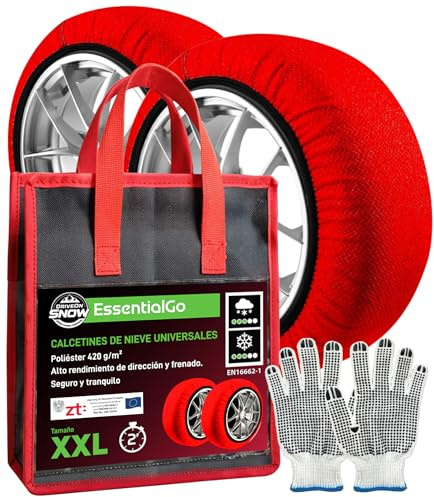 Cadenas de Nieve Textiles Coche Homologadas EN 16662-1 Talla XXL - DriveonSnow EssentialGo Montaje Rápido 2 Min - Respeta Obligación de Ley para Nevadas Ocasionales También Vehículos no Encadenables