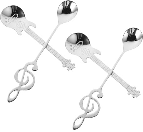 KICHOUSE Lot de 4 Cuillères Musicales en Acier Inoxydable 304 2 Cuillères de Note de Musique Guitare Longueur 155 CM pour Café et Thé et Desserts à la Maison Bureau