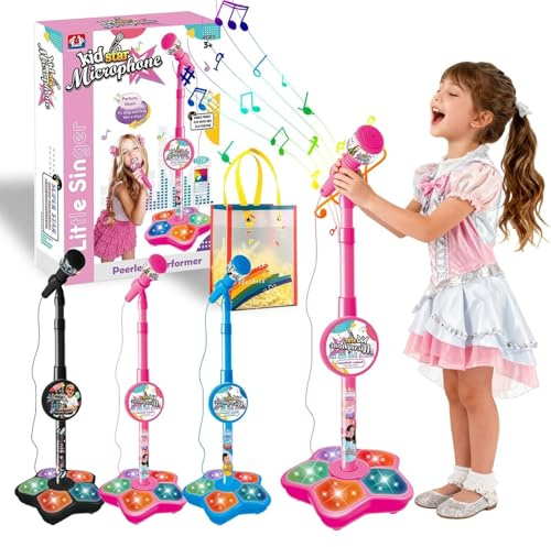 Micrófono para Niños de Pie: Micrófono de Música Ajustable, Compatible con Teléfonos Móviles, Reproductores MP3 y Tabletas. Ideal para Niños y Niñas (Rosa)