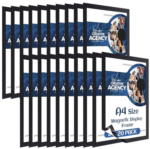 AKOLAFE 20 PACK Magnetic Picture Frame A4 Magnetic Photo Peel and Stick Picture Frames A4 Black Poster Snap Frame Clip Frames for Paintings, Photos