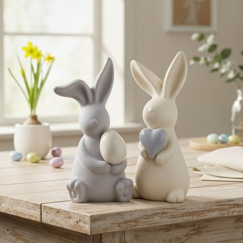 levandeo 2er Set Deko Figur Hase H13cm Beige Grau Porzellan Figur Ostern Deko Aufsteller Osterhase Tischdeko
