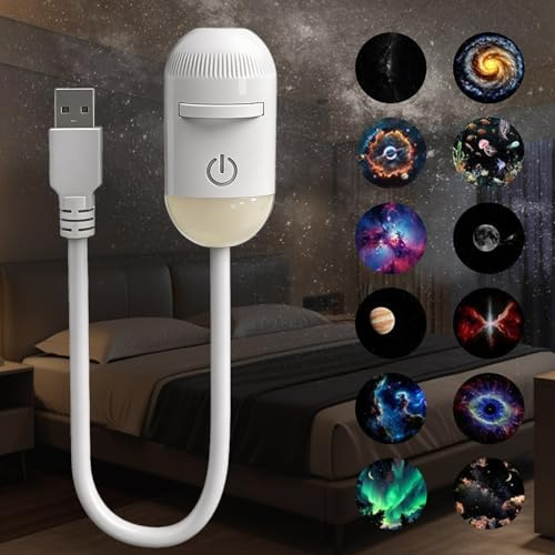 Bukbas Galaxy Projector Night Light, 2-in-1 Galaxy Star Projector Light | 360° Adjustable USB Sky Night Light Ceiling Projectors with 12 Sliding Projection Films, Bedroom Decor Gifts for Adults Kids