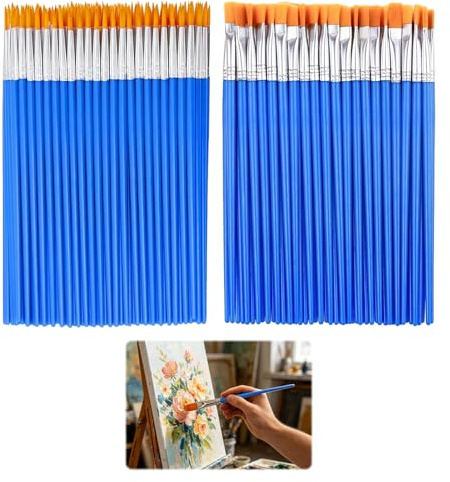 Small Paint Brushes, 100 Pcs Small Paint Brush, 50 Flat & 50 Round Kids PaintBrushes for Acrylic Painting, Watercolor, Canvas Face Painting Craft