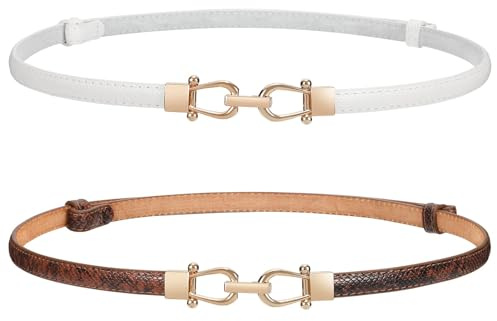 WERFORU Lot de 2 Ceinture Femme Cuir Ceinture Fine Réglable avec Boucle Dorée pour Robes Jeans Pantalons