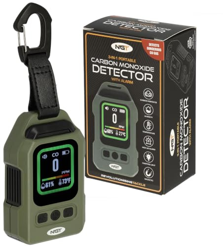 NGT Carbon Monoxide (CO) Detector Alarm Travel Camping Fishing Tent & Car | Compact CO detector with loud alarm, thermometer, humidity display, camping light, magnetic mount and USB-C charging
