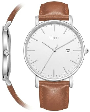 BUREI Men's Fashion Minimalist Wrist Watch Waterproof Watches Simple Ultra Thin Watches Analog Quartz Date with Brown Black Leather Strap