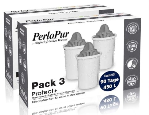 PearlCo Protect+ classic - Pour l'eau dure - Pack de 6 cartouches filtrantes (compatible avec Brita Classic) | Contient plus d'échangeurs d'ions, pour l'eau à partir de 14°dH. Filtre le calcaire et les polluants