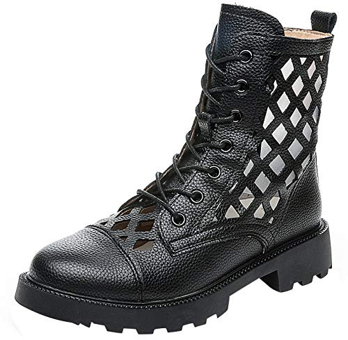 Jamron Femmes Évidées Booties Sandales Plates Été Automne Cheville Bottes Romaines Noir SN070212 EU40