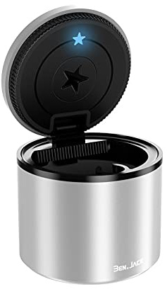 Auto Aschenbecher mit Deckel Geruchsdicht, Aschenbecher Auto mit Halterung LED Licht Leuchtend Metall Personalisiert Autoaschenbecher, für Auto, Haus, Büro, Balkon, Outdoor (Silber)