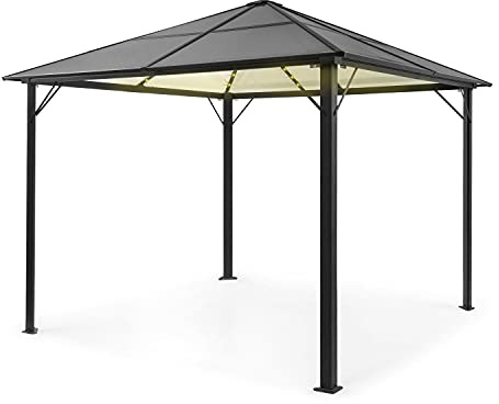 Blumfeldt Waterproof Garden Gazebo with Polycarbonate Hardtop Roof, Lightweight Aluminium Frame Metal Pergola Kit, Marquee Garden Canopy Gazebo, Pergola w/Translucent Glass, Dimmable LED Lights, 3x3m