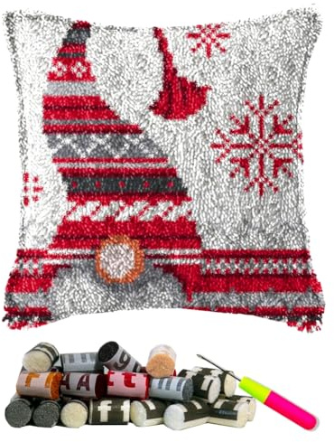 Latch Hook Kits Pillow Christmas Hat Crochet Yarn Cushion Colour Pre-Printed Canvas Rug Needlework DIY Pillowcase Hook and Latch Kit Home Arts Crafts Sofa Decoration 42x42cm/16X16inch