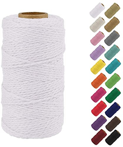 Binwat Natural Macrame Cotton Cord Twine String Colored Cotton Rope Yarn for DIY Crafts Knitting Plant Hangers Christmas Wedding Decor (White, 2mmx100m)