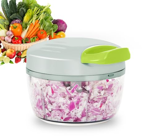 Manual Food Processor Vegetable Chopper 2.3 Cup Small Mini Hand Pull String Onion Chopper Garlic Mincer Cutter with 3 Stainless Steel Blades - Green