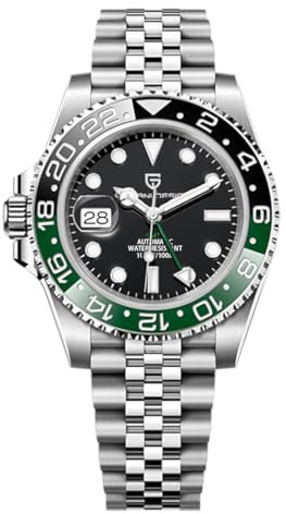 Pagani Design GMT Herren 40 mm Automatikuhr Saphirglas Edelstahl 100 Wasserbeständigkeit Analoguhr Mechanische Herrenuhren Geschenkuhr für Herren(Fünf Perlen Schwarz und Grün)