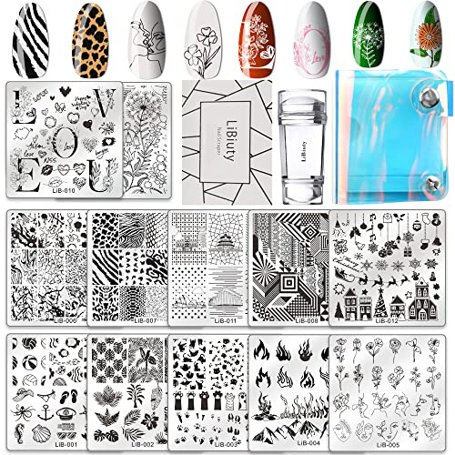 Nail Art Stamping Plates Kit, 12Pcs Nail Stamping Plates,1 Silicone Stamper, 1 Scraper,1 Storage Bag,Manicure Tool Kit for DIY Nail Art Designs,Summer Rose Flower Animal Mandala Mermaid Christmas