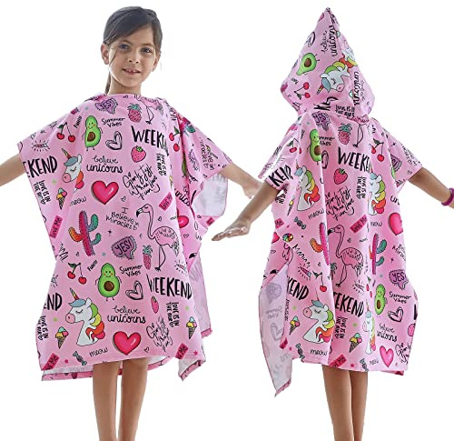 KAKU NANU Kids Poncho Hooded Towels 6-14 Years Old,Exquisite Pattern Beach Swimming Bath Towels with Hood for Boys Girls Children