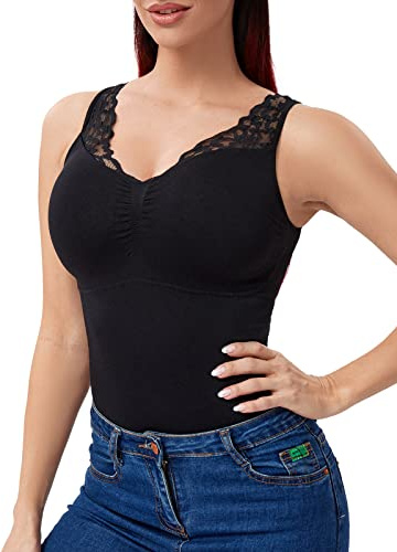Joyshaper Débardeur Gainant Femme Ventre Plat Sans Couture Gaine Amincissante Tank top Haut Sculptant Sans Manches Dentelle Lingerie Sculptante Camisole, Noir, 2XL