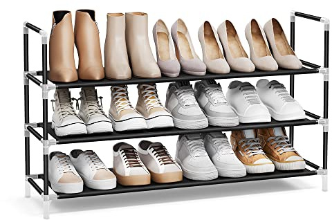 SONGMICS Estante Zapatero de 2 Niveles, Organizador de Zapatos para Entrada Amario, Fino y Ahorra Espacio, Marco de Metal, Estantes de Tela no Tejida, Negro LSH053B01