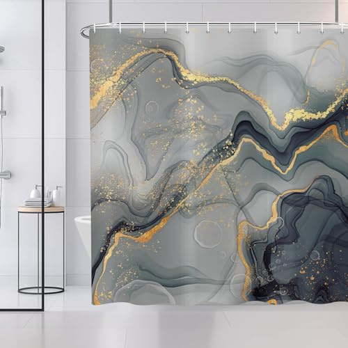 ASDCXZ Marmor-duschdraperi, 180 x 200 cm, modernt, abstrakt, grå/guld/svart, marmorutseende, textur, tvättbara duschdraperier, polyester, textil, vattentätt, duschdraperi för badkar med 12 krokar