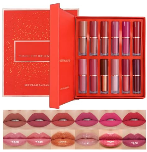 12Pcs Terciopelo Mate Lápiz Labial Líquido Set, Impermeable de larga duración antiadherente Copa no se desvanecen Lip Gloss Set, Shimmer Nude Lip Kit de Regalo de Maquillaje