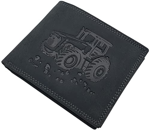 Büffel-Vollleder Querformat Geldbörse RFID & NFC Schutz (Schwarz) | Traktor-Motiv, Geldbeutel, Portemonnaie, Geldtasche