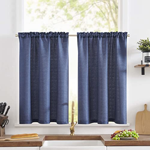 TOPICK Scheibengardine Leinenoptik Bistrogardine 2er Set 90Hx90B cm Uni Kurzer Küche Vorhänge Gewebe Gitter Lichtdurchlässig Paarig Schals für Wohnzimmer Landhaus Kleine Fenster Blau