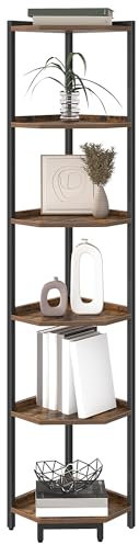 Hzuaneri Mensola Angolare, Scaffale Portaoggetti con Struttura in Metallo, Supporto per Piante, Libreria Angolare per Soggiorno, Home Office, Camera da Letto, 6 Ripiani, Marrone Vintage e Nero
