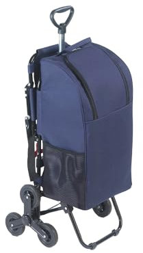 Einkaufstrolley mit Rädern, platzsparender Trolley mit 3 Rädern und integriertem Sitz, aus Metall und Polyester, 65 x 36,5 x 103 cm, Blau