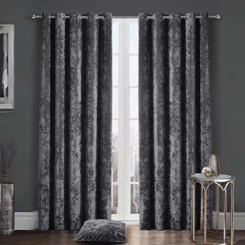 Rohi Luxurious 2 Panels Crushed Velvet Curtains for Bedroom & Living Room – 100% polyester Super Soft & Thermal Insulated - Fully lined curtains - 4cm Eyelet Charcoal 46 x 54