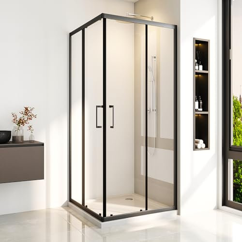 Duschkabine Eckeinstieg 80x80x185cm Schwarz Eckeinstieg Dusche Doppel Schiebetür Duschabtrennung Duschschiebetür aus 6 mm Sicherheitsglas (ESG),Langer Stiel