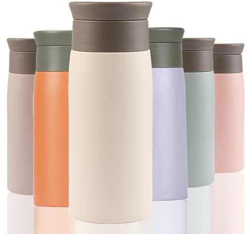 Termo para bebida caliente, taza de café de viaje de 350 ml, taza de café aislada, botella de agua de acero inoxidable con filtro, a prueba de fugas con apertura higiénica para bebidas (beige)