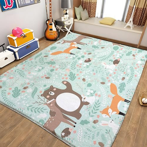 Teppiche Wohnzimmer Cartoon-Sika-Hirsch Und Fuchs Teppich Kinderzimmer rutschfeste Unterseite, FüRs Wohnzimmer Schlafzimmer Und das Kinderzimmer Moderner Teppich 60x90