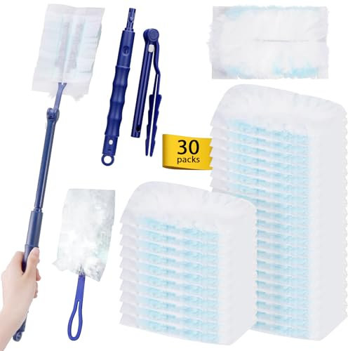 30 Pezzi Ricariche per Spolverino con 1 Manico e 1 Manici Telescopici, Kit per Spolverare Elettrostatico, Spolverini usa e Getta, Cattura e Intrappola Polvere e Sporco, magneti