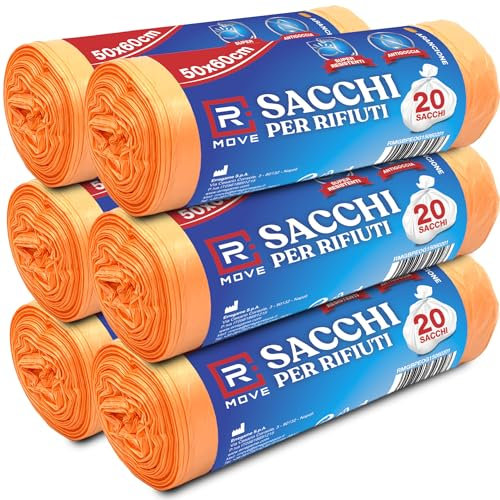 R MOVE 120 sacchetti spazzatura 50x60cm, sacchi spazzatura 30 litri, 6 rotoli di sacchi spazzatura, 20 sacchi immondizia per rotolo, sacchi indifferenziata, sacchetti pattumiera (Arancione)