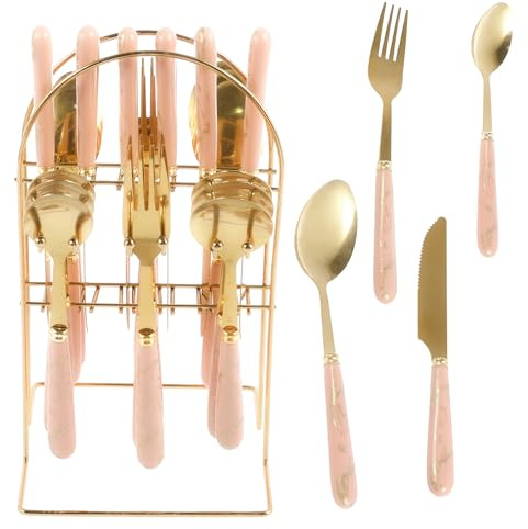 Deuson 24 Pcs Silverware Set with Hanging Holder Stainless Steel Flatware Set Service for 6 Utensils Set Mirror Polished Tableware Set Forks Knives Spoon Set for Home Kitchen(Pink)