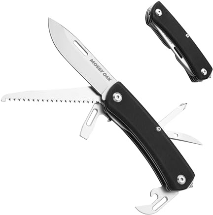 Mossy Oak Couteau Multifonction 10 en 1, Acier Inoxydable avec Manche en G10, Couteau, Scie, Tournevis, Ouvre-Boîte, Brise-Vitre, Dénudeur, Outil Multifonction Compact pour Randonnée, Camping, Voyage
