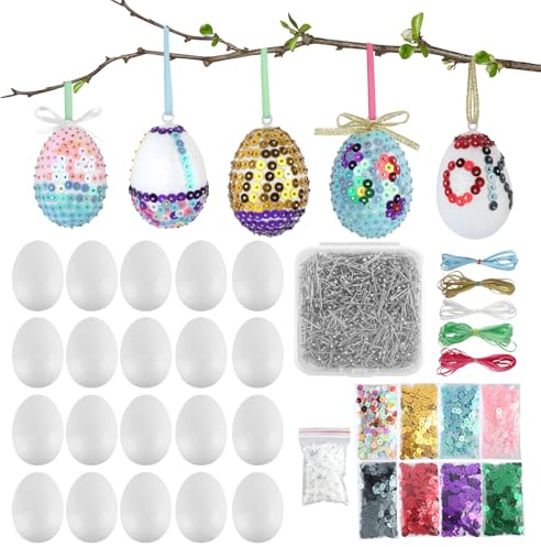 Haocjanc 20 Pezzi Uova di Pasqua In Polistirolo da Appendere, 6cm Uova di Polistirolo Decorative, Uova di Pasqua da Dipingere con Paillettes Colorate, Spille e Nastri per Decorazioni Pasquali