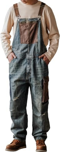 Rexcyril Men's Baggy Denim Bib Overalls Vintage Contrast Distressed Work Dungarees Sloppy Coveralls with Big Pockets