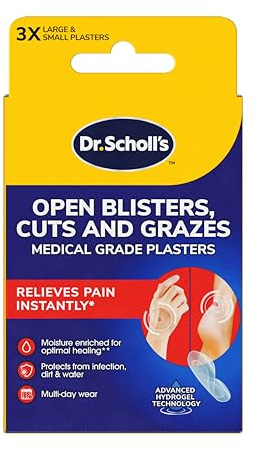 Dr. Scholl's Open Blisters, Cuts and Grazes Medical Grade Blister Plasters with Hydrogel Technology, Pack of 6 - Relieves Pain Instantly, Hypoallergenic Plasters for Wounds, for Use on Feet and Body