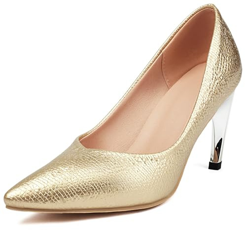 Lizoleor Decollete Donna Tacco Alto Punta Chiuse Scarpe Senza Chiusura Fibbie Business Prom Moda Snakeskin Oro Numero 40.5 EU/42CN