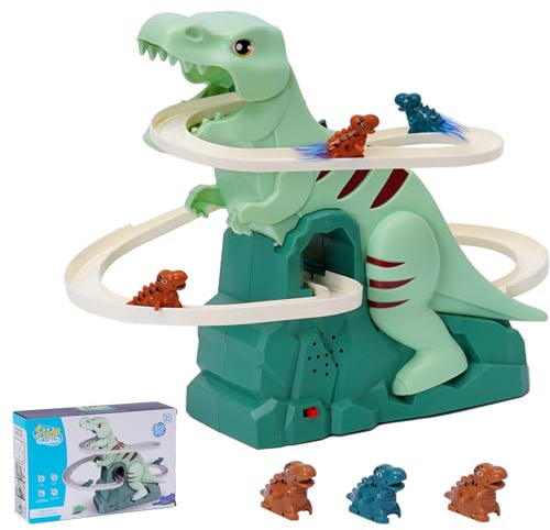 Dinosaurier Rennbahn Spielzeug ab 3 Jahre Kinder, Dino Achterbahn Kletterspielzeug mit Licht und Musik, Treppensteigen Sensorik Spielzeug, Intelligenz pädagogische Playsets für Jungen Mädchen ab 4