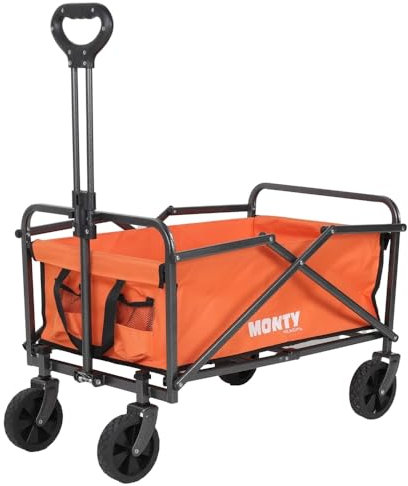 Carro playa de mano, mango regulable, plegable, 2 ruedas giratorias, 69x46x87 cm, acero Epoxi anticorrosión-tejido Oxford naranja, carretilla multiusos, carga 60 kg, camping, jardín, festival, compra