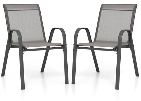 COSTWAY Set med 2 trädgårdsstolar, stapelstolar av textil- och metallram, terrassstolar med armstöd, balkongstolar kan belastas upp till 150 kg, 56 x 70 x 84 cm, grå